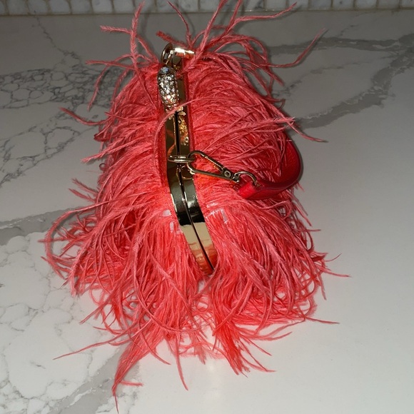 Ostrich Feather Clutch Purse Pink Coral Bag Evening Purse Wedding Dust Bag - Picture 4 of 15